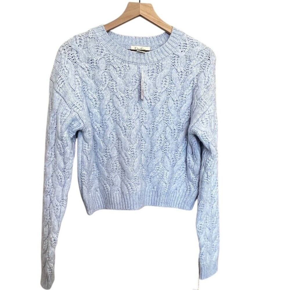 JESSICA SIMPSON Blue Cable Knit Crop Preppy Sweater Size L Super Soft NWT
